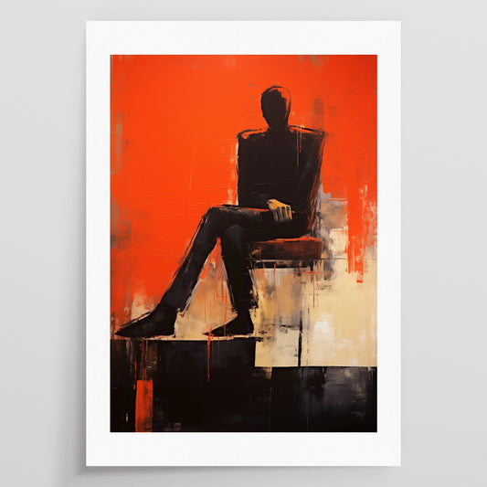 An image of an artpiece. It shows a man sitting in a chair against a red background.