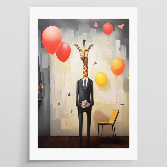 An image of an artpiece. It shows a man with a giraffe head.