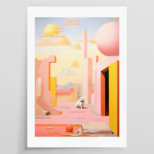 An image of an artpiece, showing of a small dog sitting in the middle of a pink, surrealist ruin.