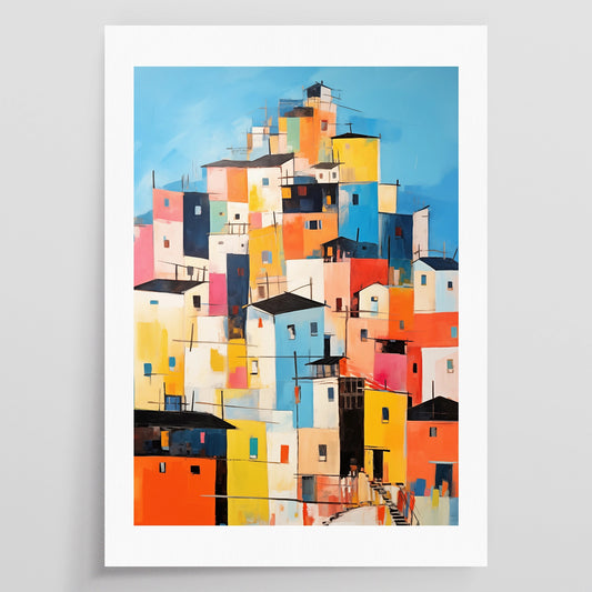 An image of an artpiece, depicting a group of colorful houses built on what seems like a hill.