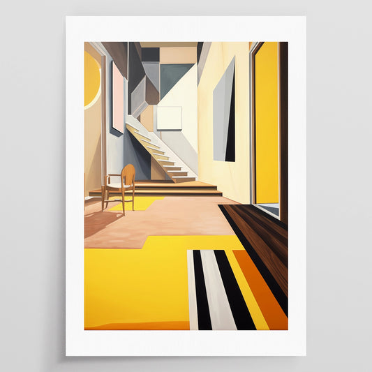 An image of an artpiece, showing a slightly distorted hotel lobby, with lots of yellow and abstract shapes.