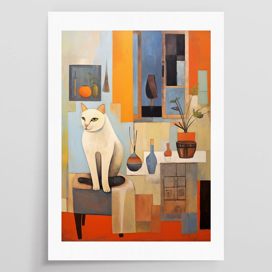 An image of an artpiece, showing an abstract cat, sitting on footstool. It's colorful.