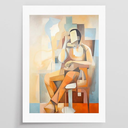 An image of an artpiece, showing a person sitting down, daydreaming. It has soft colors.