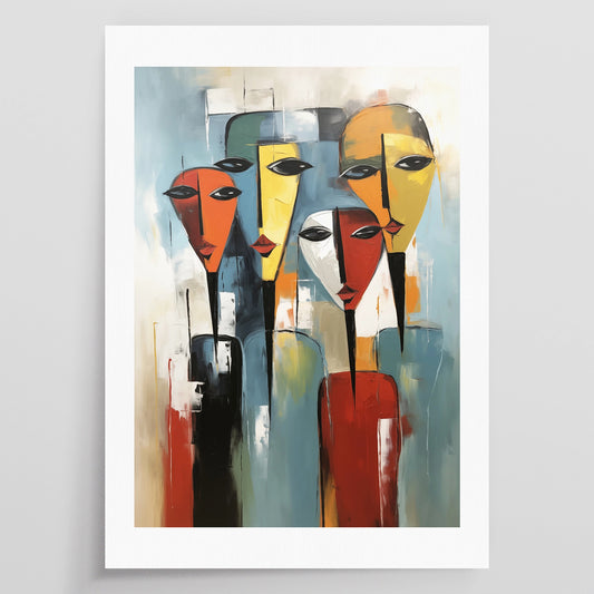 An image of an artpiece, showing an abstract painting of three faces in a colorfull palette.