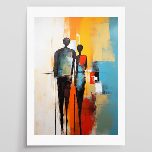 An image of an artpiece. It shows an abstract couple against a colorful backgorund.